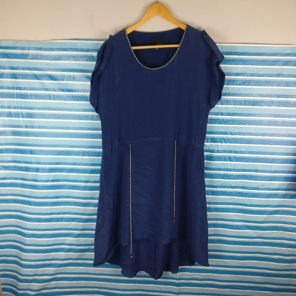 Silk Dress, 100% Silk, GREYLIN The Sailor Cinched High-Low Belted Dress Blue, S - Picture 1 of 9